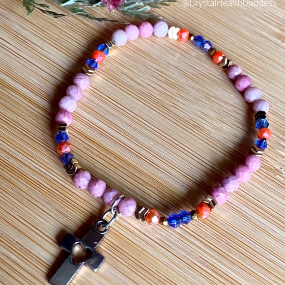 Rhodonite with Austrian Crystals Christian Cross Bracelet - Picture 6 of 10